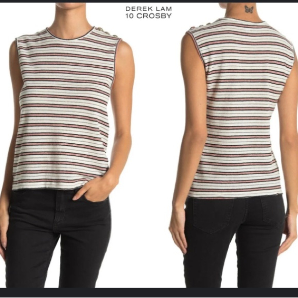 DEREK LAM 10 CROSBY KALUA METALLIC STRIPES SOFT WHITE BUTTON TANK.